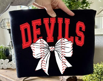 Devils Baseball, Retro, Croquette Bow, Bows, Bases, Baseball Mom, Red, Softball, Sublimation,  Digital Download, PNG File