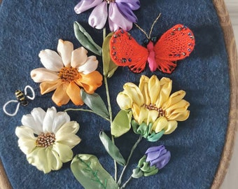 Daisy, Butterfly and bee - Ribbon Embroidery, Stumpwork Embroidery