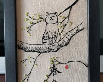 Primavera & Gato 1 - Bordado a mano