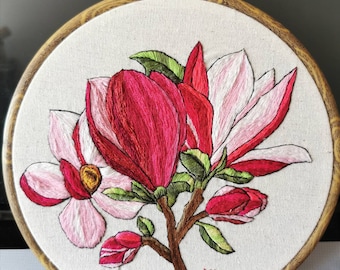 Purple Magnolia -- Hand Embroidered Hoop