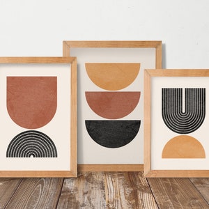 Geometric Art Print Set of 3, Mid Century Modern Art, Geometric Wall Art, Semicircle Shapes,Digital download, Abstract Terracotta Art