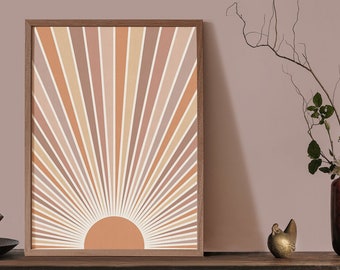 Pastel Sun Print, Mid Century Modern Home Decor Prints, Terracotta Orange Mauve Minimal abstract wall art, boho Sunset Digital download file