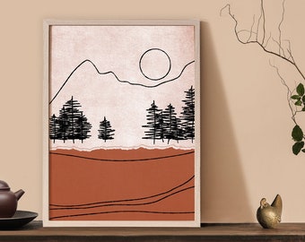 Abstract mountain Print, Landscape Printable Line Art, Modern Home Decor, Terracotta Boho Minimal wall art, Sun Digital download Prints