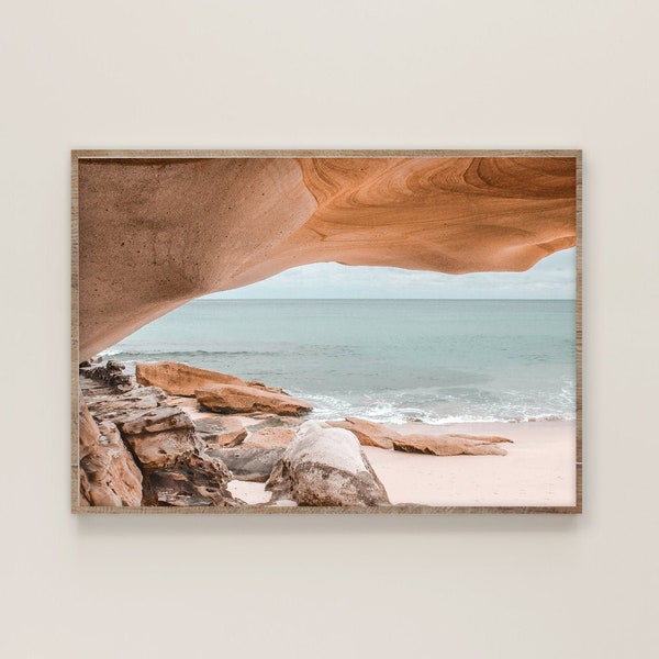 Ocean Print, Rocky Beach Printable Art, Digital Download, Modern Coastal Pastel Wall Art Beachy Home Decor, Burnt Orange and Aqua Ocean Art