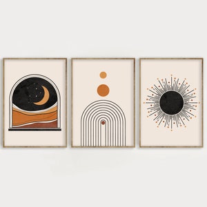 Mid Century Modern Art Print Set of 3, Neutral Geometric Wall Art, Moon, Rainbow, Sun Digital download, Abstract Gallery Terracotta Art