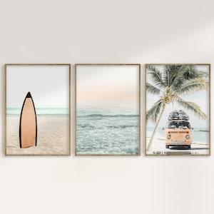 Beach Print Set of 3, Peach Orange Surf & Ocean Digital Download Prints, Van, Modern Coastal Pastel Wall Art, Beachy California  Printables