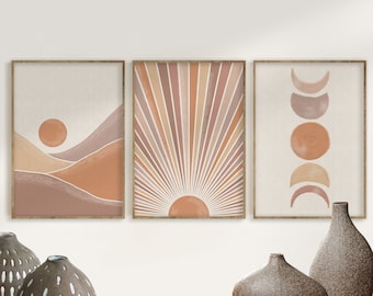 Sun and Moon Print Set of 3, Abstract Landscape Home Decor Terracotta Mauve Mid Century Modern Minimal Wall Art Digital download Boho Prints