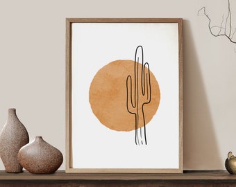 Orange Sun Print, Abstract Sun, Botanical Print, Minimal wall art, Boho Wall decor, Cactus Line Prints, Sunset Digital download file