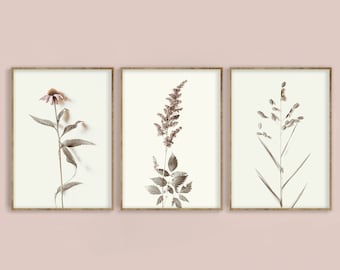 Botanical Printable Set of 3, Wild Flowers Prints, Farmhouse Wall Art, Gallery Modern Printables, Organic Home Decor Poster