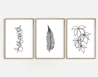 Botanical Digital Download Print Set of 3, One Line Drawing Prints, Eucalyptus, Fern Minimal Black White Modern Gallery Wall Art