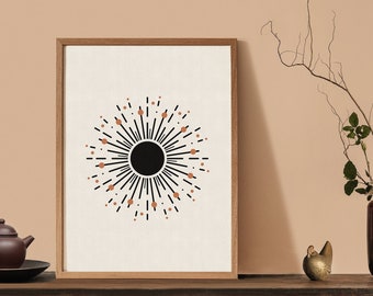 Mid Century Modern Sun Print, Neutrale Geometrische Wohn Dekor Kunstdrucke, Schwarz, Creme & Orange Digitaler Download Minimale abstrakte Wandkunst