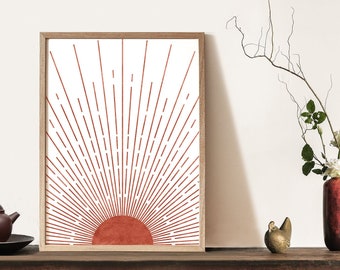 Sun Print, Mid Century Modern Geometric Home Decor Prints, Terracotta Orange Minimal abstract wall art, Sunset Digital download file