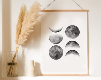 Moon Phases Print, Modern Printable Art, Black and White Moon Phase Home Decor Prints, Celestial Abstract Wall Art, Digital download file
