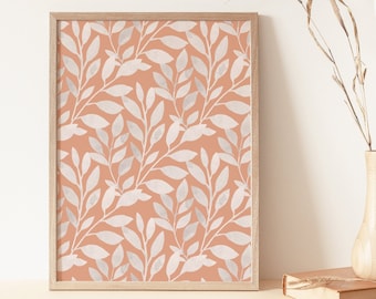 Impression d'art botanique abstrait en téléchargement numérique, feuilles imprimables en terre cuite aquarelle, art contemporain minimaliste orange neutre