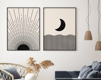 Mid Century Modern Art, Sun and Moon Print Set of 2, Scandinavian Art, Minimal Abstract Geometric art, Ocean, Digital download, Boho Art