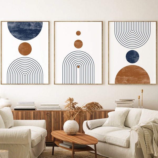 Mid Century Modern Wall Art Print Set of 3, Blue and Terracotta Abstract Geometric Digital download Prints, Navy Minimal Gallery Art