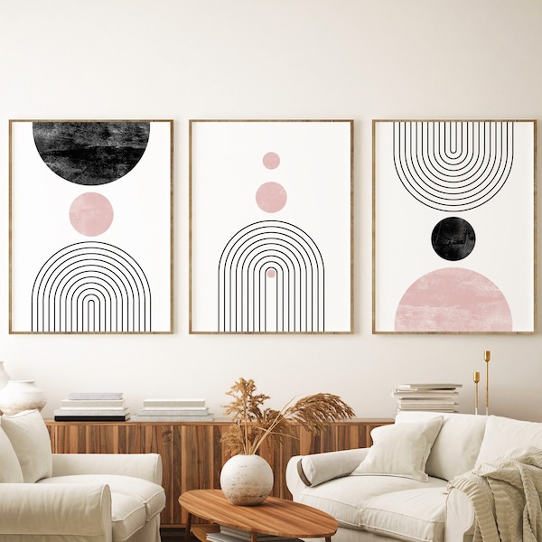 Mid Century Modern Wall Art Print Set of 3, Neutral Abstract Geometric Digital download Prints, Black White Blush Pink Minimal Gallery Art