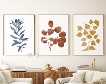 Abstract Botanical Print Set of 3, Blue Orange Yellow Botanical Wall Art, Minimal Botanical art, Abstract Leaves, Printable Home Decor Art