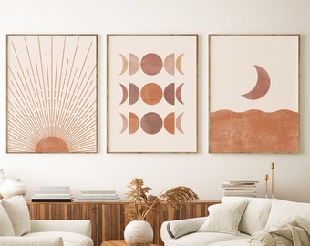 Sun and Moon Print Set of 3, Terracotta Mid Century Modern Art, Minimal Abstract Geometric art, Digital download, Moon Phases, Scandi Art