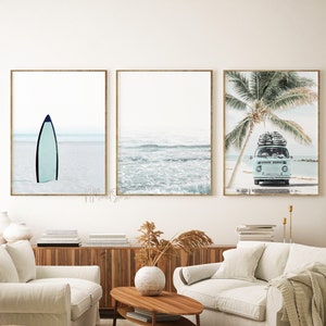 Beach Print Set of 3, Aqua Blue Surf & Ocean Digital Download Prints, Van, Modern Coastal Pastel Wall Art, Beachy California Printables image 1