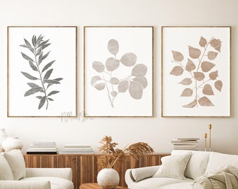 Abstract Botanical Print Set of 3, Neutral Botanical Wall Art, Minimal Botanical art, Abstract Leaves, Printable Art, Home Decor, Beige