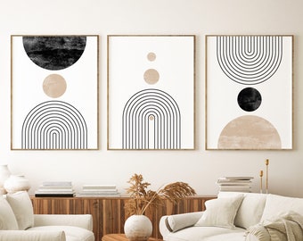 Mid Century Modern Wall Art Print Set of 3, Neutral Abstract Geometric Digital download Prints, Black White Beige Minimal Gallery Art