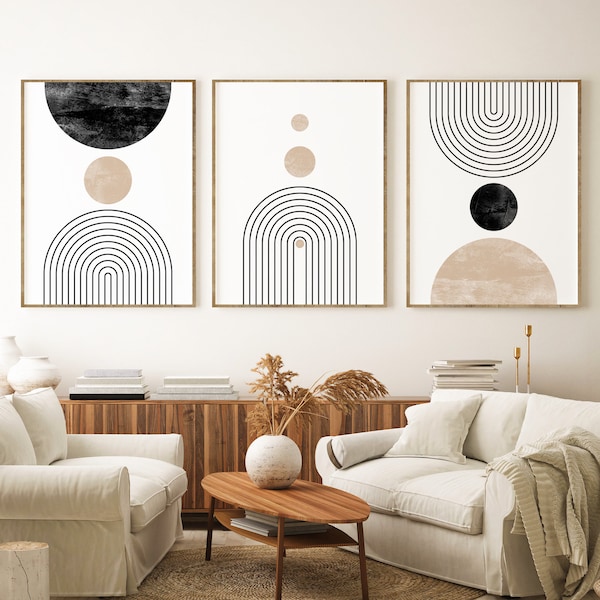 Mid Century Modern Wall Art Print Set of 3, Neutral Abstract Geometric Digital download Prints, Black White Beige Minimal Gallery Art