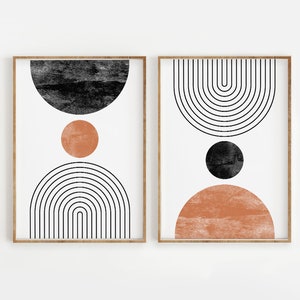 Mid Century Modern Wall Art Print Set of 2, Neutral Abstract Geometric Digital download Prints, Black White Orange Minimal Gallery Art