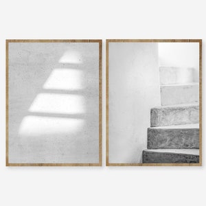 Minimal Neutral Wall Art Set of 2 Prints, Architectural Print, Modern Organic Printable Digital Download File, Black White, Shadows, Stairs