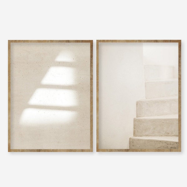 Minimal Neutral Wall Art Set of 2 Prints, Architectural Print, Modern Organic Printable Digital Download File, Beige, Shadows, Stairs