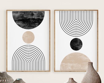 Mid Century Modern Wall Art Print Set of 2, Neutral Abstract Geometric Digital download Prints, Black White Beige Minimal Gallery Art