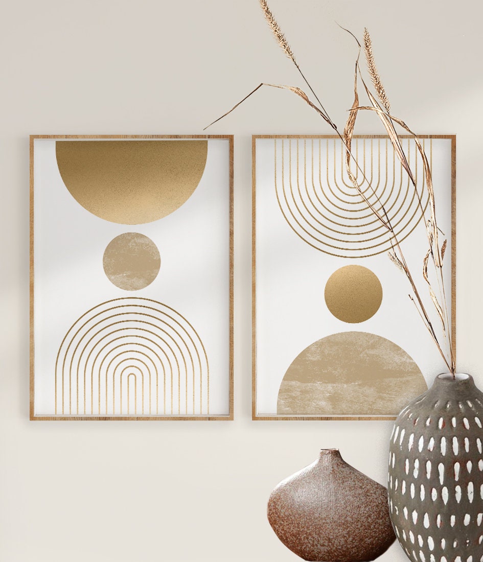 Mid Century Modern Wall Art Print Set of 2, Neutral Abstract Geometric ...