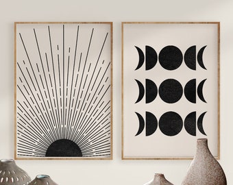 Mid Century Modern Art, Sun and Moon Print Set of 2, Scandinavian Art, Minimal Abstract Geometric art, Sun Print, Digital download, Boho Art