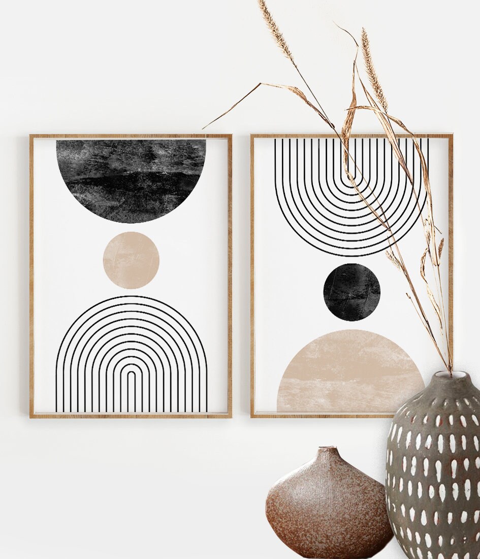 Mid Century Modern Wall Art Print Set of 3, Neutral Abstract Geometric ...