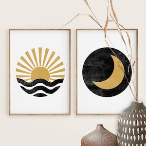 Mid Century Sun and Moon Print Set of 2, Mustard Yellow Sun, Modern Abstract art, Ocean Sunset, Minimal Wall Art, Digital download, circle