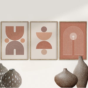 Mid Century Modern Art Print Set of 3, Neutral Geometric Wall Art ...