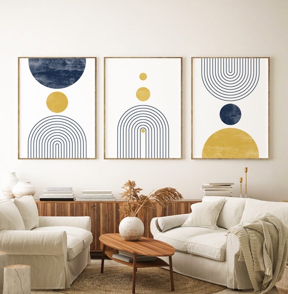 Mid Century Modern Wall Art Print Set of 3 Blue and Mustard Yellow Abstract Geometric Digital Download Prints Navy Minimal Gallery Art Etsy Canada