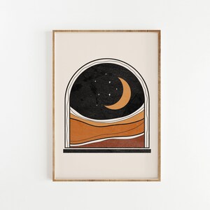 Mid Century Modern Art Print Set of 3, Neutral Geometric Wall Art, Moon, Rainbow, Sun Digital download, Abstract Gallery Terracotta Art image 5