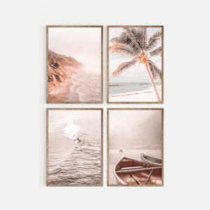 Ensemble de 4 impressions d'art de plage imprimable, impression téléchargement numérique océan, impression bateau, palmier, art mural pastel côtier moderne, décoration d'intérieur de plage
