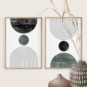 Mid Century Modern Wall Art Print Set of 2, Neutral Abstract Geometric Digital download Prints, Black White Green Minimal Gallery Art