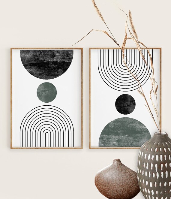 Mid Century Modern Wall Art Print 2er Set, Neutral Abstrakt Geometrisch  Digital download Drucke, Schwarz Weiß Grün Minimal Gallery Art