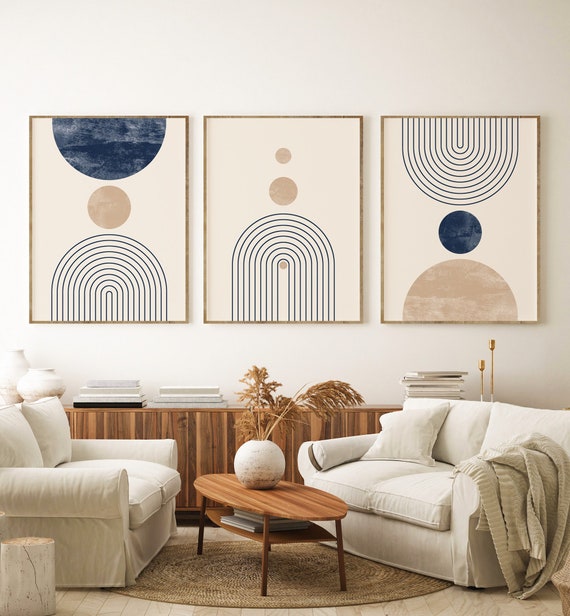 Set di stampe d'arte da parete moderne della metà del secolo di 3, download  digitale geometrico astratto blu e beige, stampe, arte minimale marrone  chiaro e blu scuro -  Italia