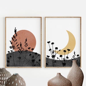 Boho Sun and Moon Print Set of 2, Abstract Landscape, Wild Flowers desert moon, Minimal wall art, Boho decor, Digital Art, celestial, magic