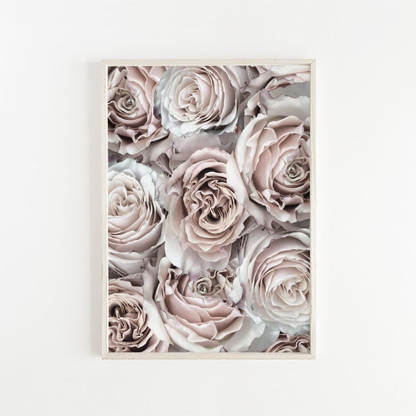 Roses Printable Poster, Botanical Print, Dusty Blush Pink Gray Mauve Wall Art Digital Download Decor, Organic Neutral Prints