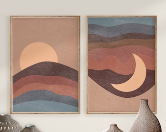 Conjunto de impresión de sol y luna de 2, paisaje abstracto azul marrón, arte de pared de vivero moderno imprimible de mediados de siglo, descarga digital, impresiones boho