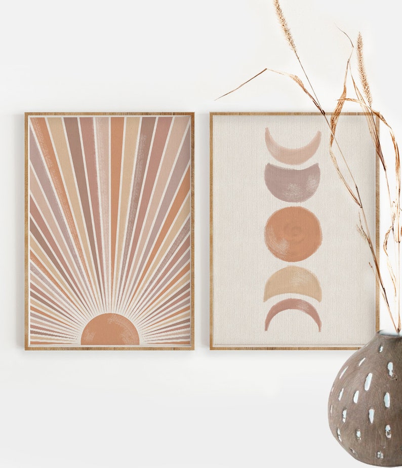 Sun and Moon Print Set of 2,Home Decor ,Terracotta and Mauve Printable Mid Century Modern Minimal Wall Art, Digital download, Boho Prints 