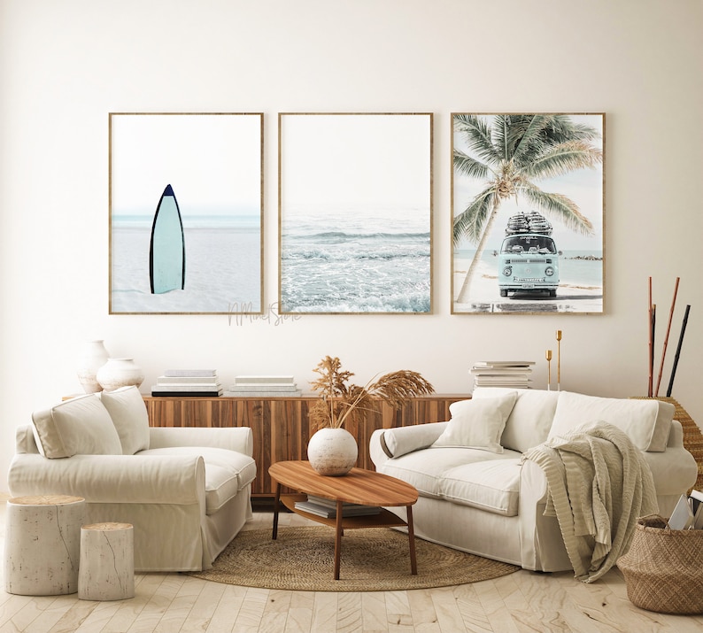 Beach Print Set of 3, Aqua Blue Surf & Ocean Digital Download Prints, Van, Modern Coastal Pastel Wall Art, Beachy California Printables image 1