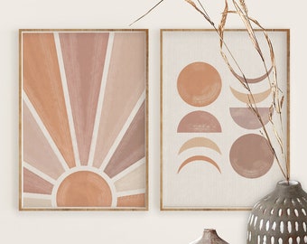 Sun and Moon Print Set of 2, Boho Home Decor ,Terracotta and Mauve Printable Mid Century Modern Minimal Wall Art, Digital download, Sun