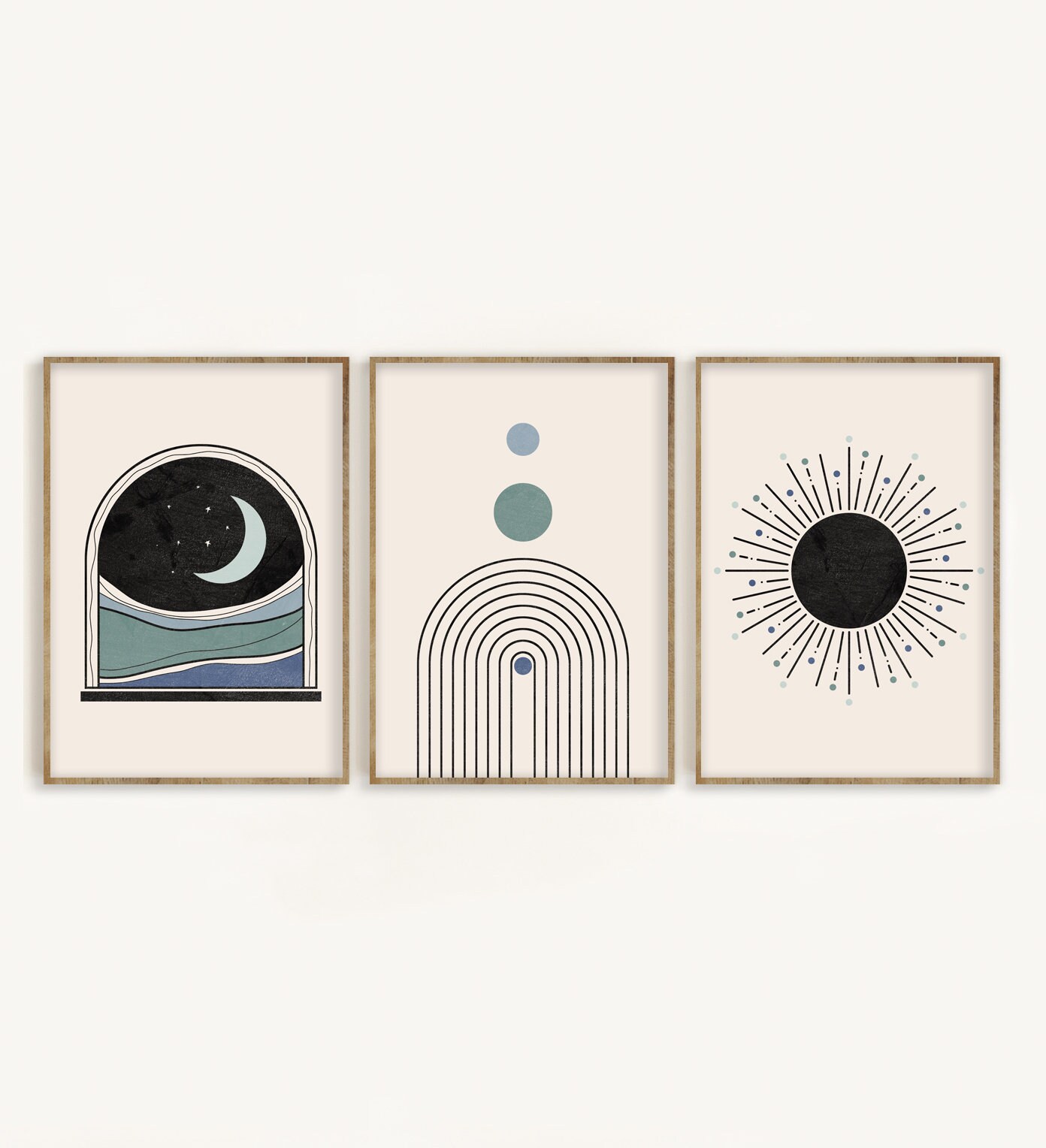 Mid Century Modern Art Print Set of 3, Blue, Teal, Black Geometric Wall ...