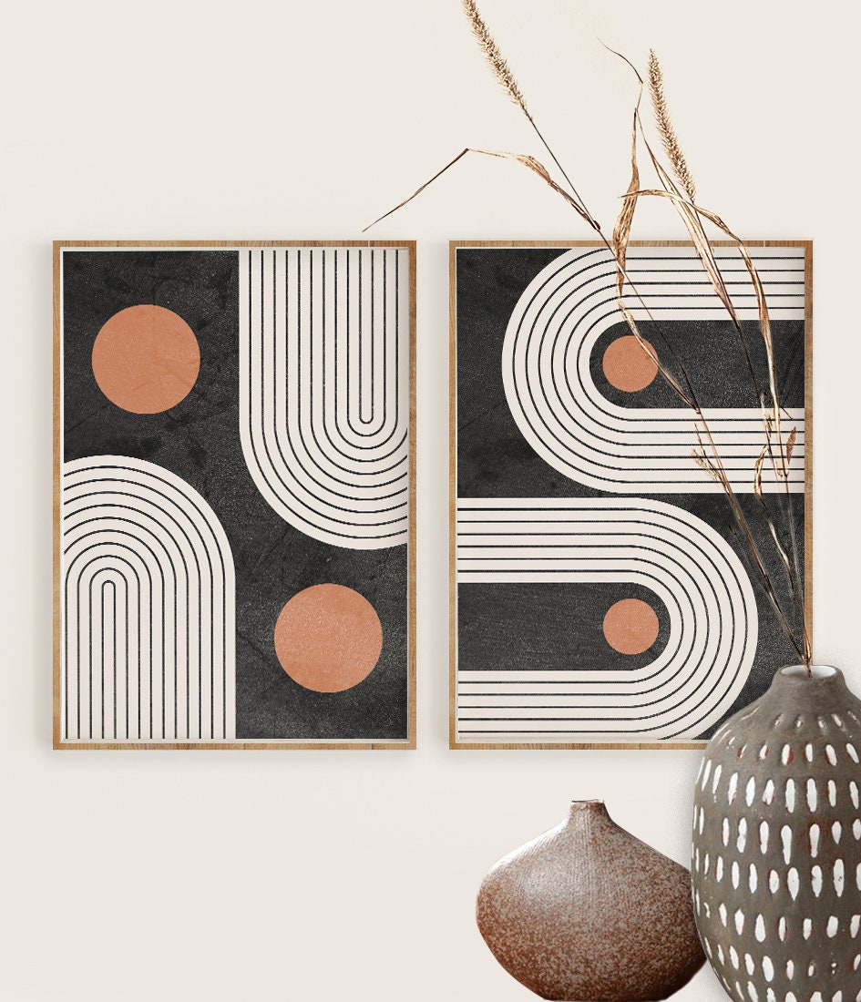 Mid Century Modern Geometric Art Print Set of 2, Neutral Geometric ...